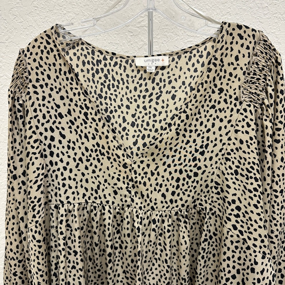 Umgee USA Cheetah Print V-Neck Babydoll Blouse Tan Black 2XL WM5332